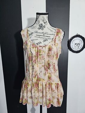 Floral Ruffle Hem Sleeveless Tank Top - Cream with Pink Roses